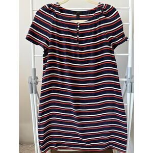 J.Crew 100% Silk Navy Orange White Stripe Shift Dress Size 6
